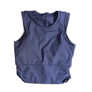Halara Round Neck Cap Sleeve Cropped Ruched Workout Tank Sz Medium Navy Built in